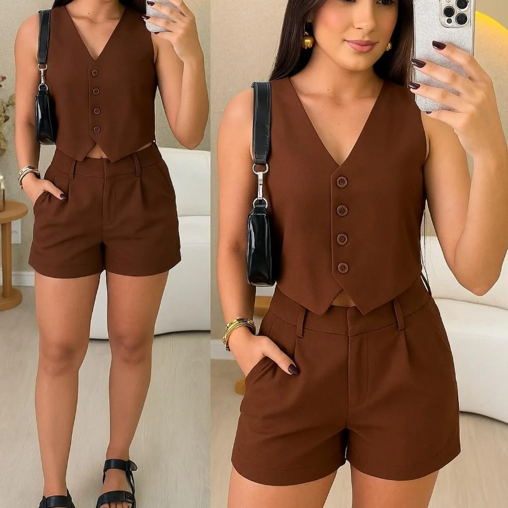 Conjunto feminino social em alfaiataria com colete e shorts