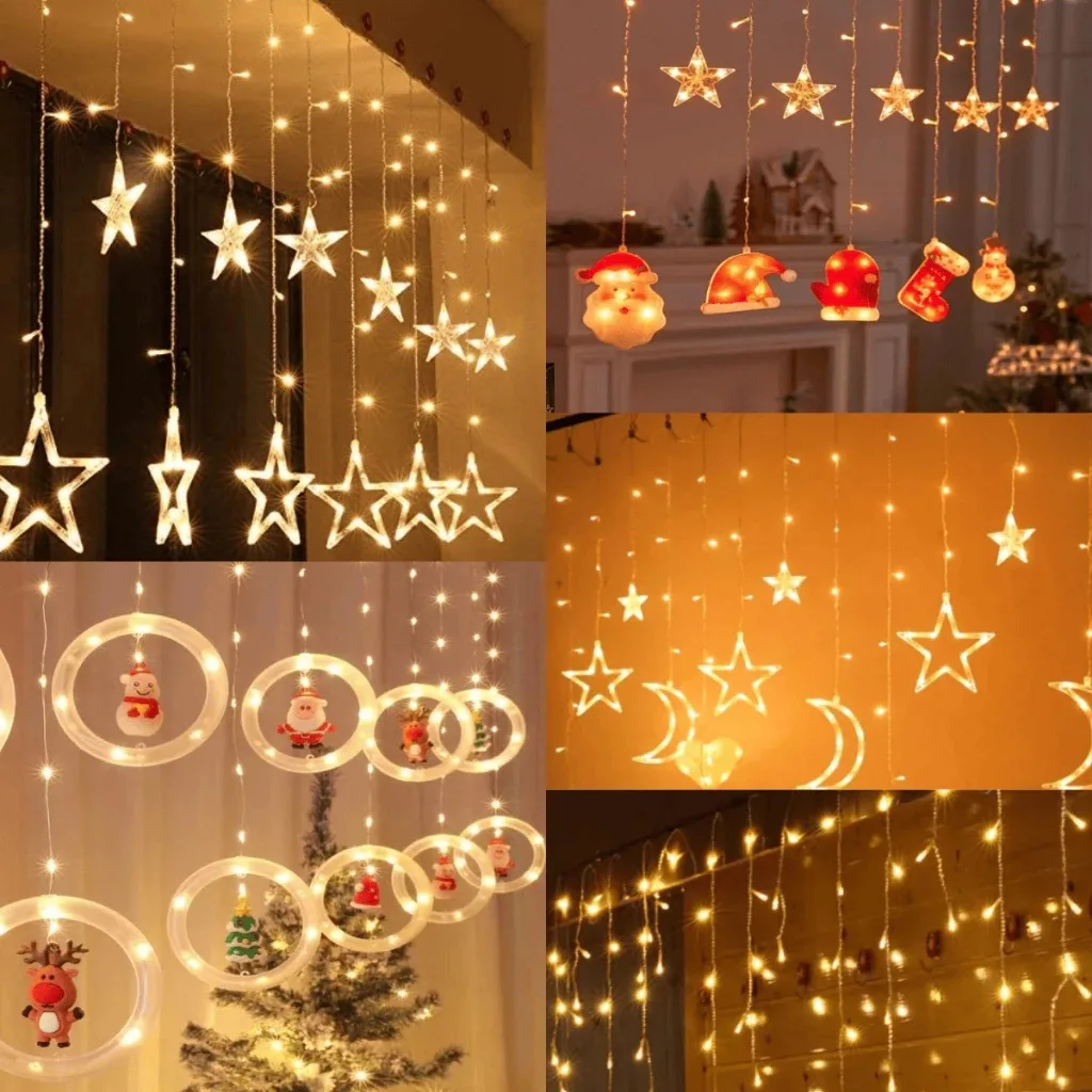 Cortina de luzes natalinas com estrelas e cristais