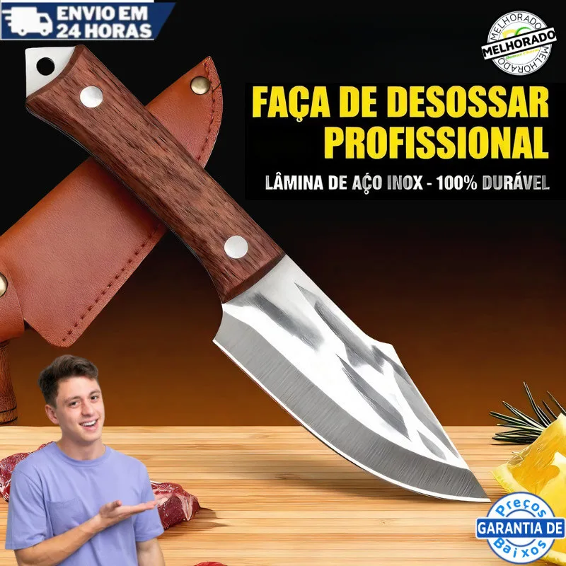 Faca Cutelo e Camping Artesanal, Aço Inox Afiado com Bainha de Couro Legítimo