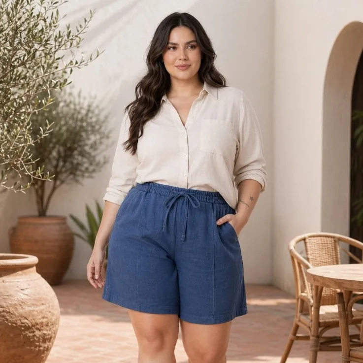 Bermuda feminina plus size de linho com cintura alta