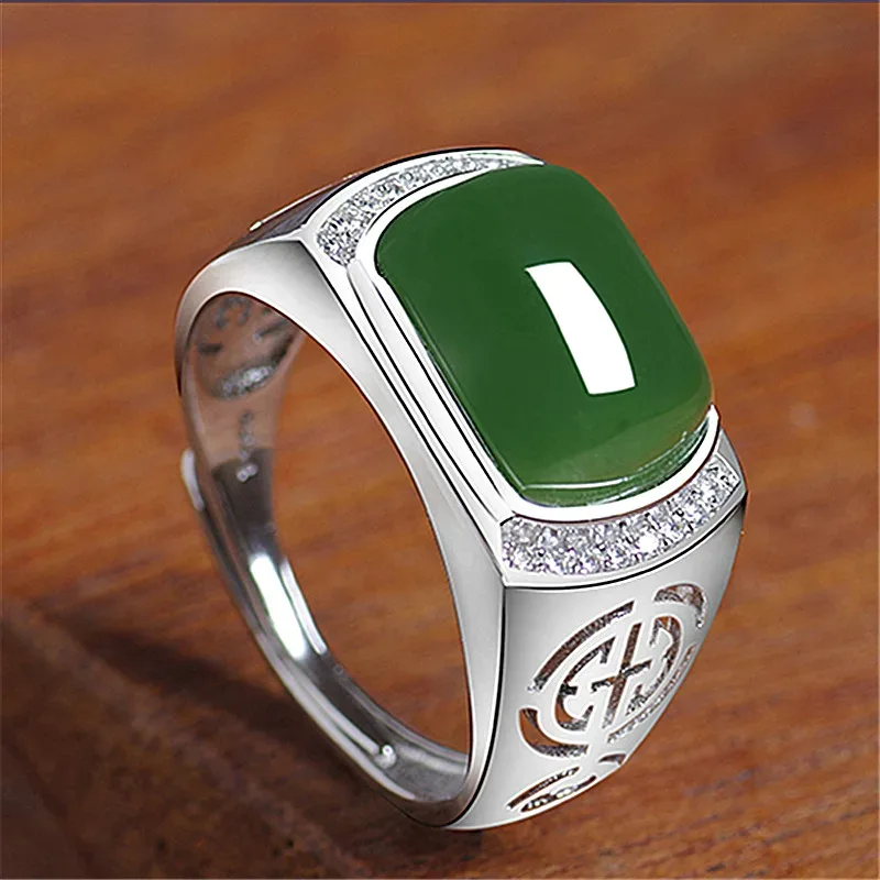 Anel ajustável de jade verde com prata 925
