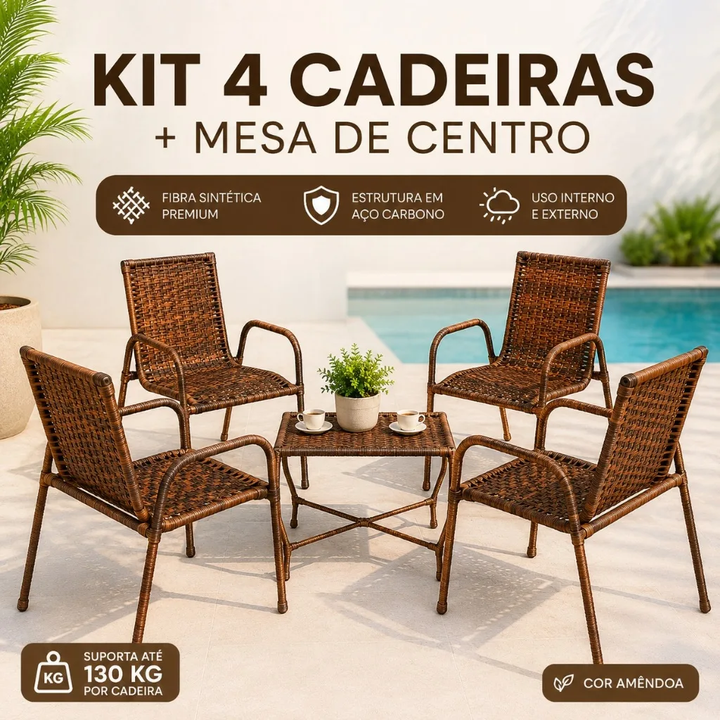 Kit de quatro cadeiras Junco com mesa sintética