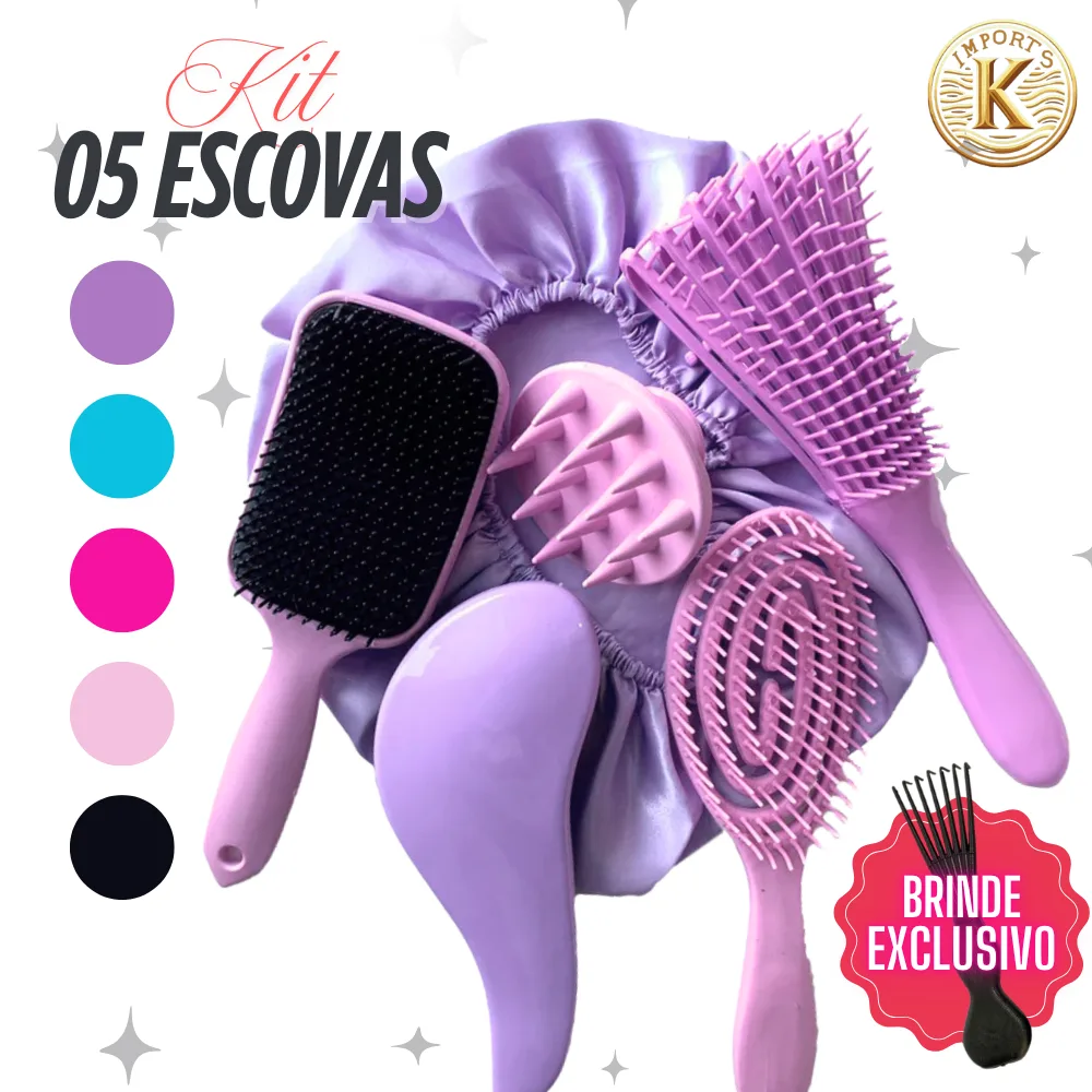Kit com 5 escovas de cabelo e touca de cetim