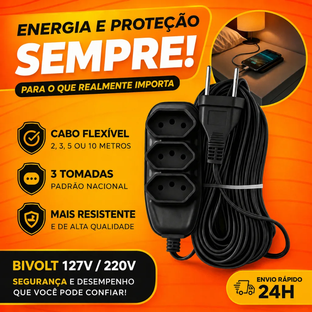 Extensão elétrica reforçada com 3 tomadas