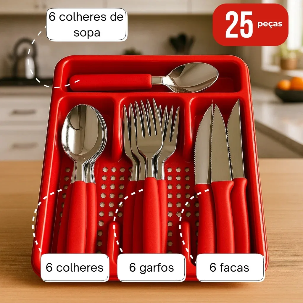 Jogo de talheres de aço inox com suporte
