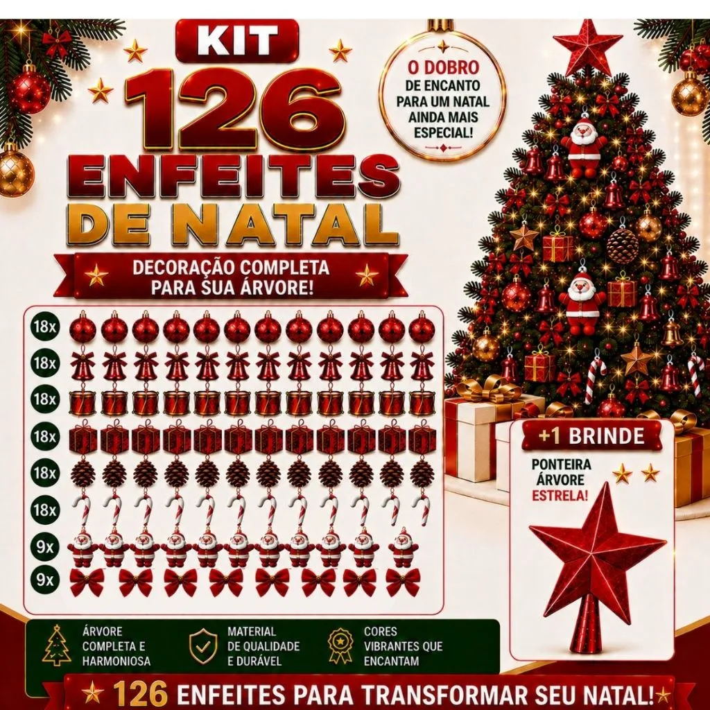 Kit 126 Enfeites Árvore de Natal Completo com Decoração Natalina