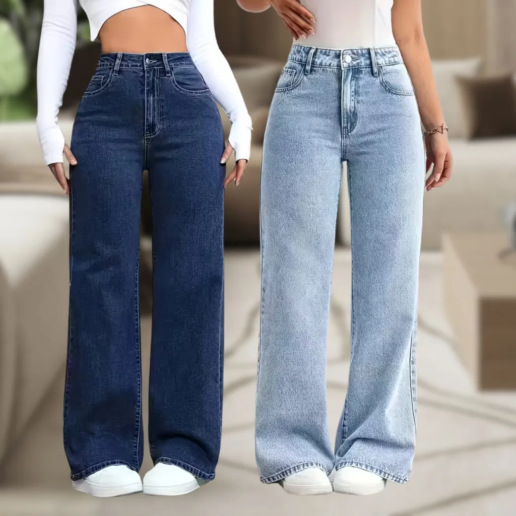 Calça jeans feminina wide leg de cintura alta