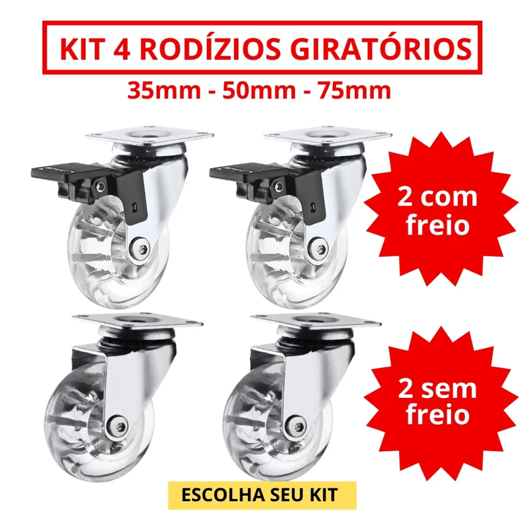 Kit com 4 rodízios giratórios de silicone