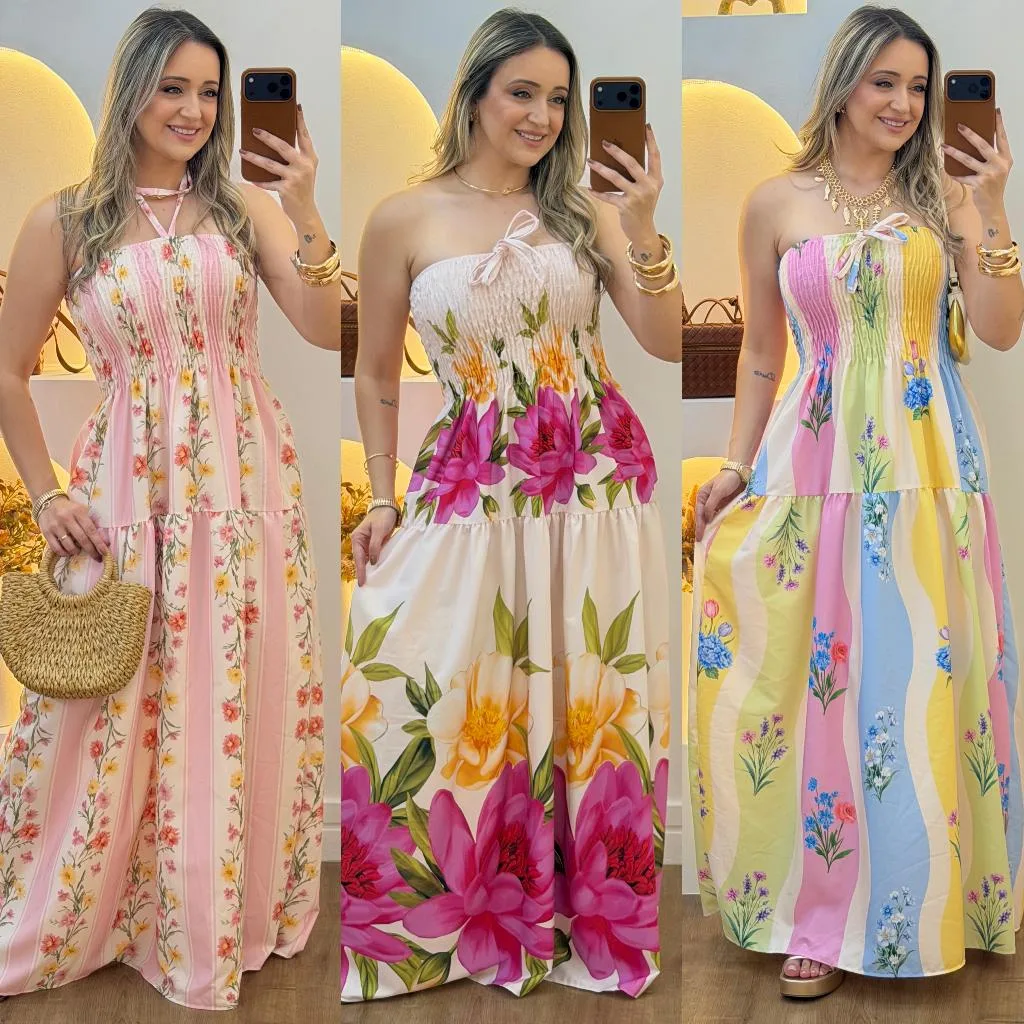 Vestido feminino longo Serena com camadas