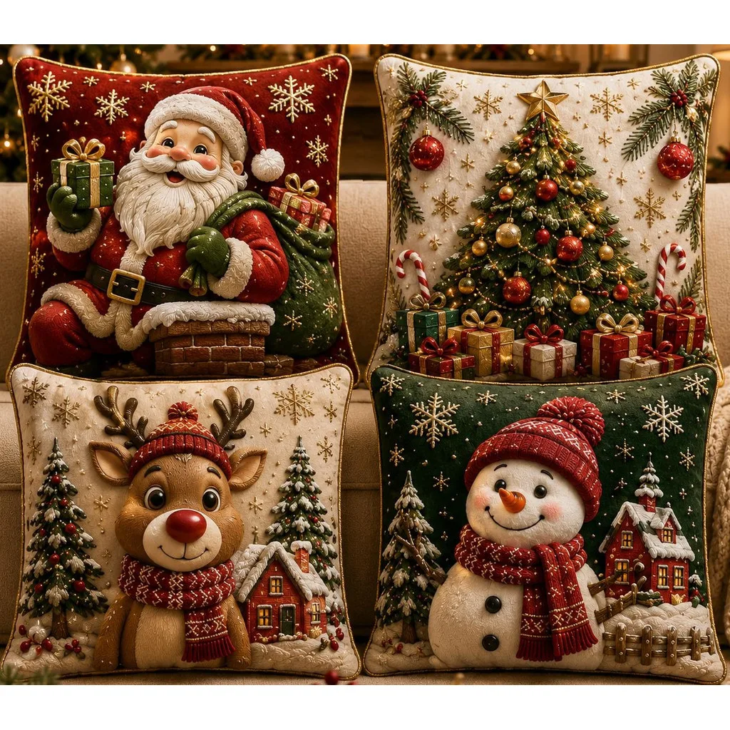 Kit 4 Capas de Almofadas Decorativas Natal Papai Noel Boneco de Neve Feliz Natal Lançamento 2026 NV