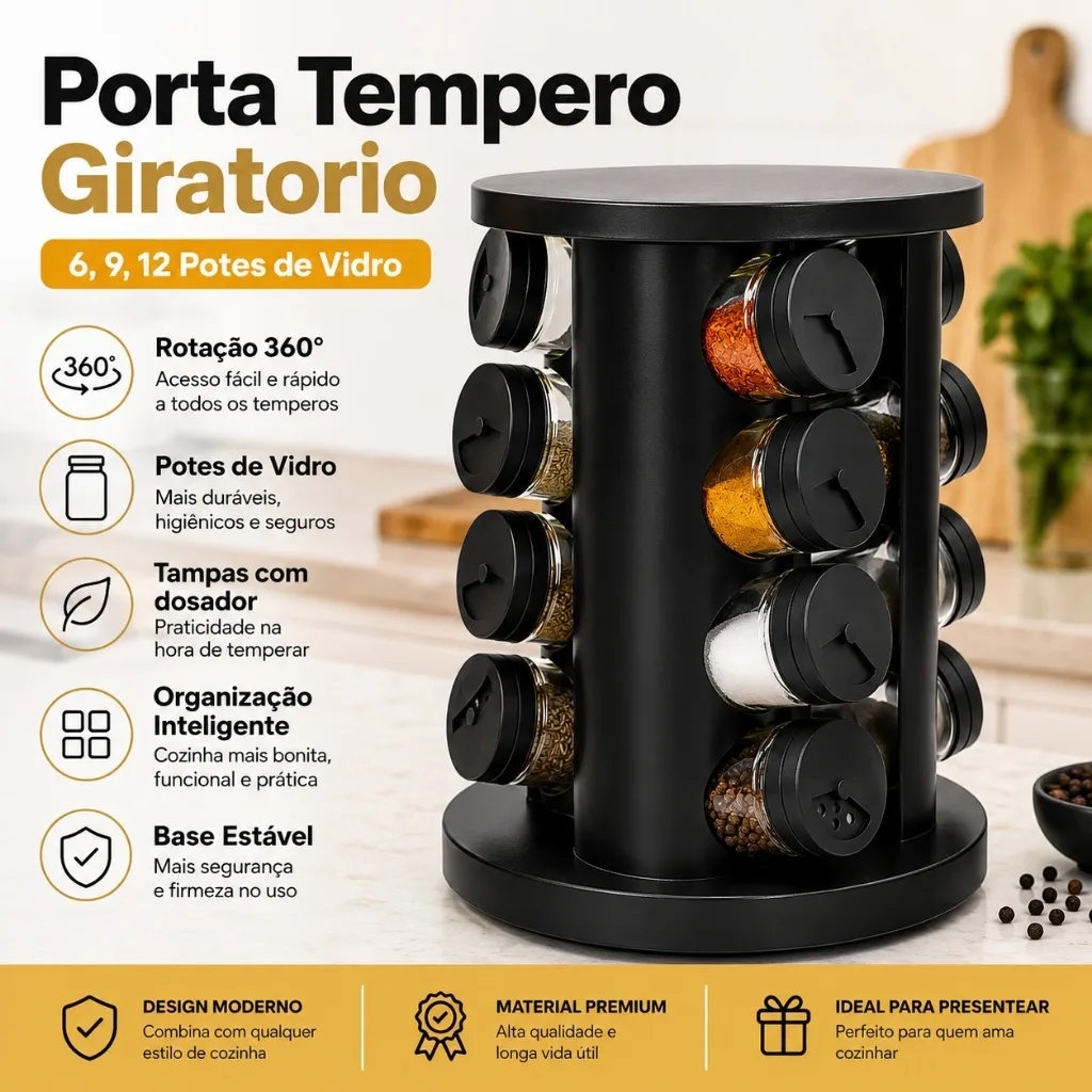 Porta-temperos giratório com potes de vidro