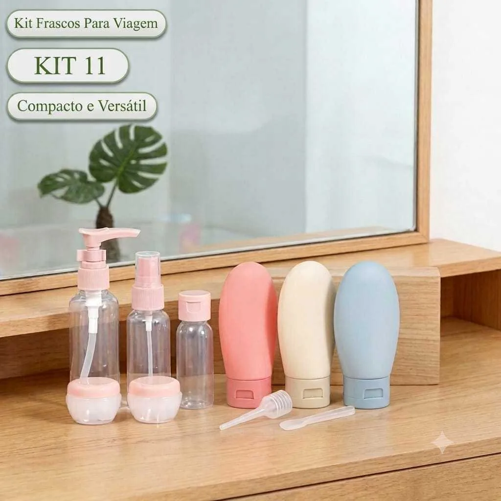 Kit com 11 frascos plásticos para viagem