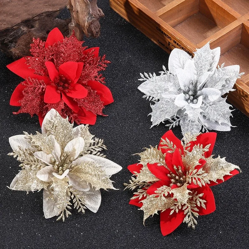 Flores artificiais com glitter para decoração de Natal