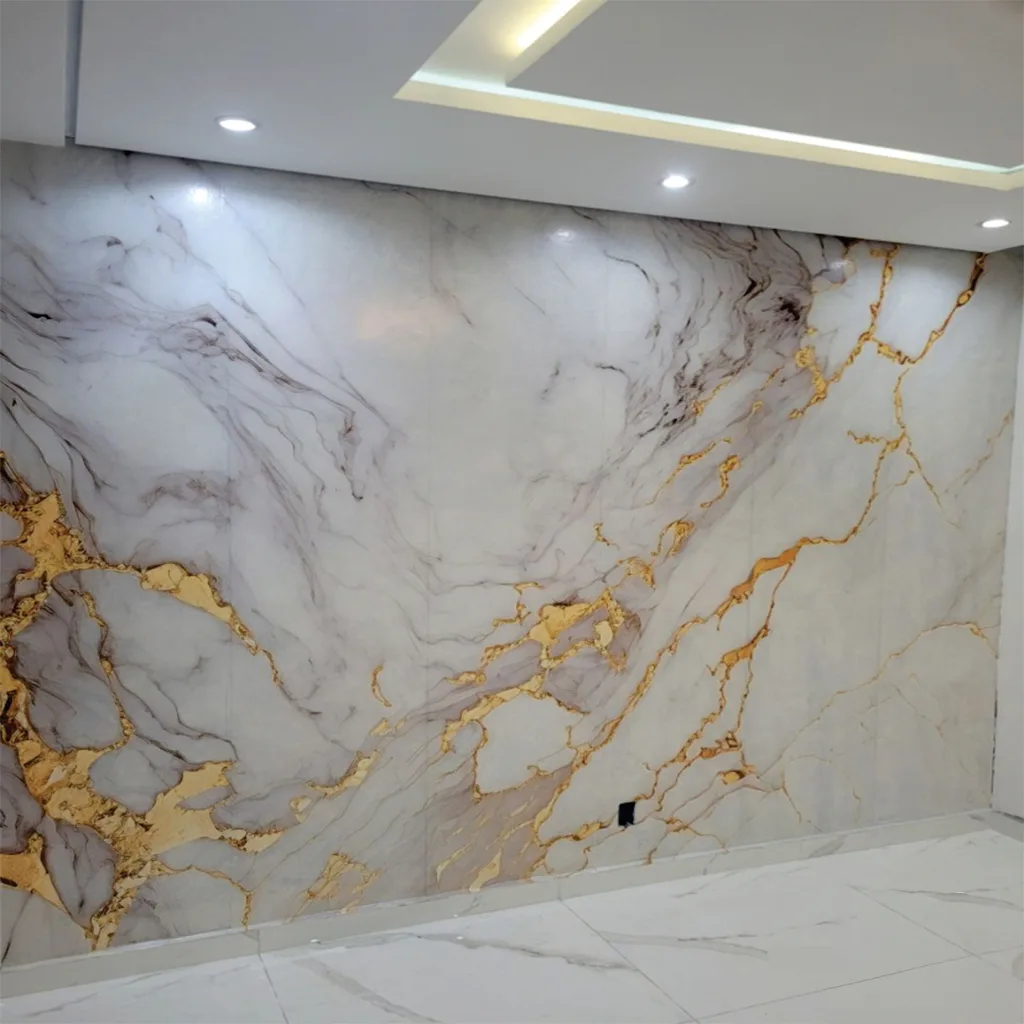 Papel de Parede Para Quarto Mármorizado Dourado Luxuoso Adesivo Lavável