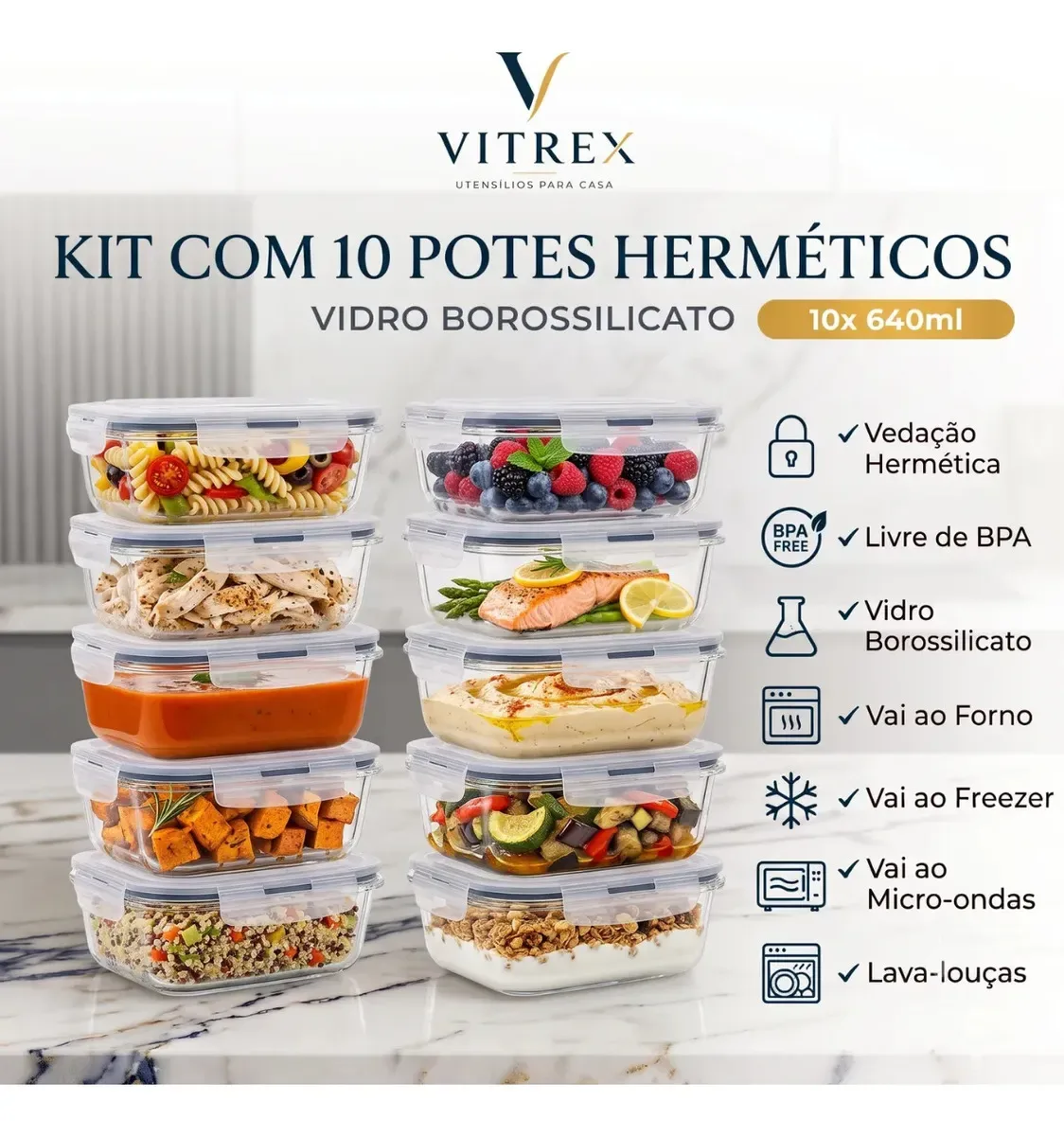 Kit com 10 potes de vidro herméticos de 640 ml