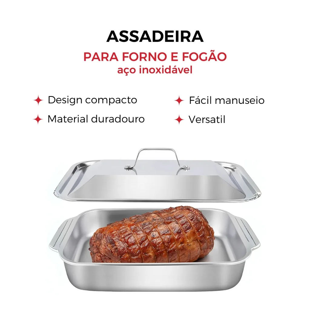 Assadeira de aço inoxidável com tampas