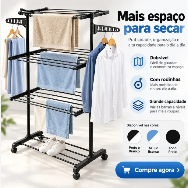 Varal de chão dobrável com três andares