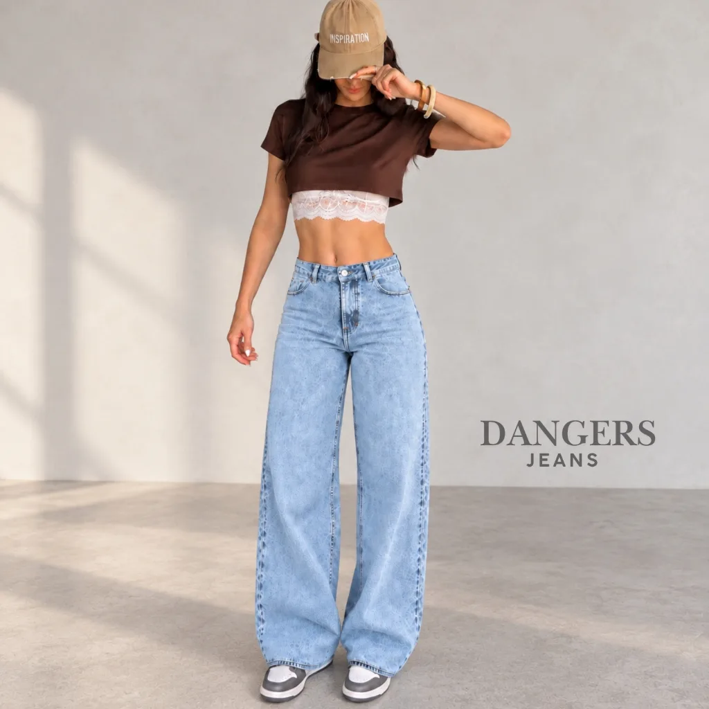 Calça jeans feminina wide leg de cintura alta