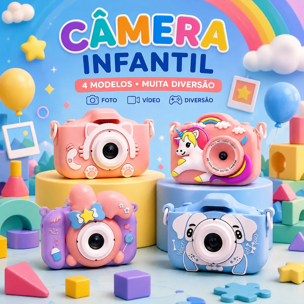 Mini Câmera Infantil Recarregável com Vídeo, Jogos e Fotos