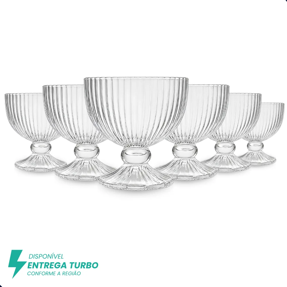 Conjunto de taças e tigela de vidro canelado