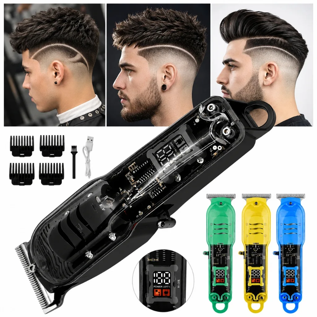 Máquina de Cortar Cabelo Profissional Sem Fio Barbeador Elétrico Smart LCD Transparente Recarregável Masculino