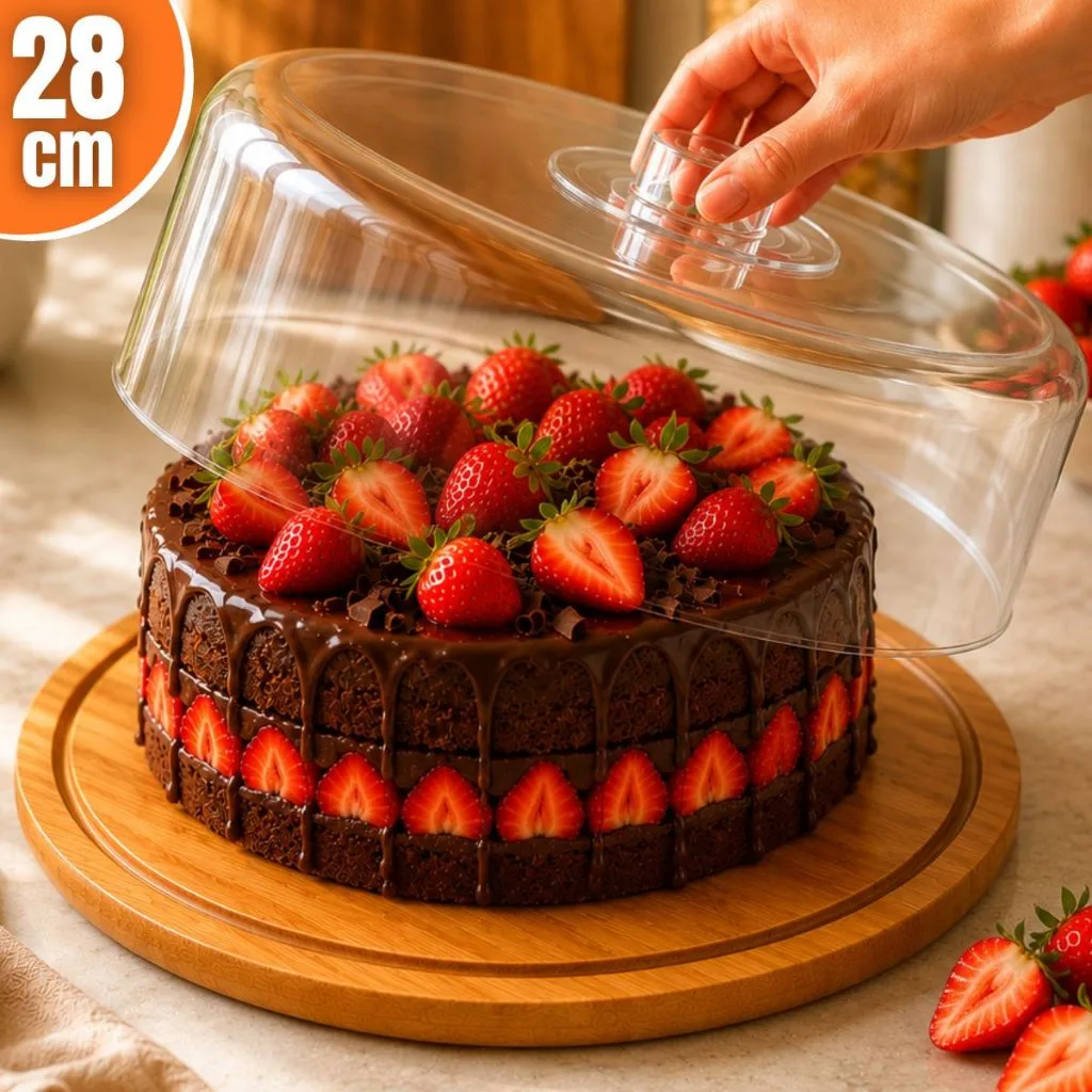 Boleira Base Bambu Com Tampa Em Acrílico Porta Bolo Queijeira Doces Torta Pudim Queijo Grande 28cm