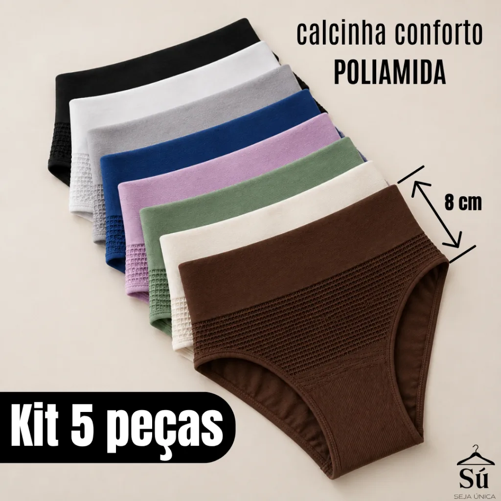 Kit com 5 calcinhas femininas de cós alto