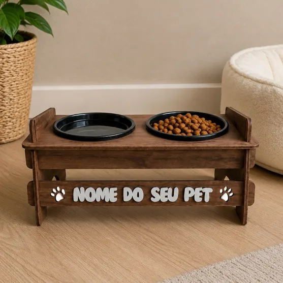 Comedouro Pet PERSONALIZADO com Nome com 2 Potes Inclusos