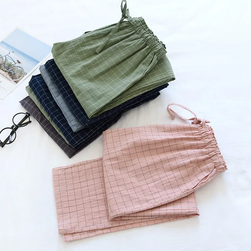 Calça de pijama feminina xadrez de algodão
