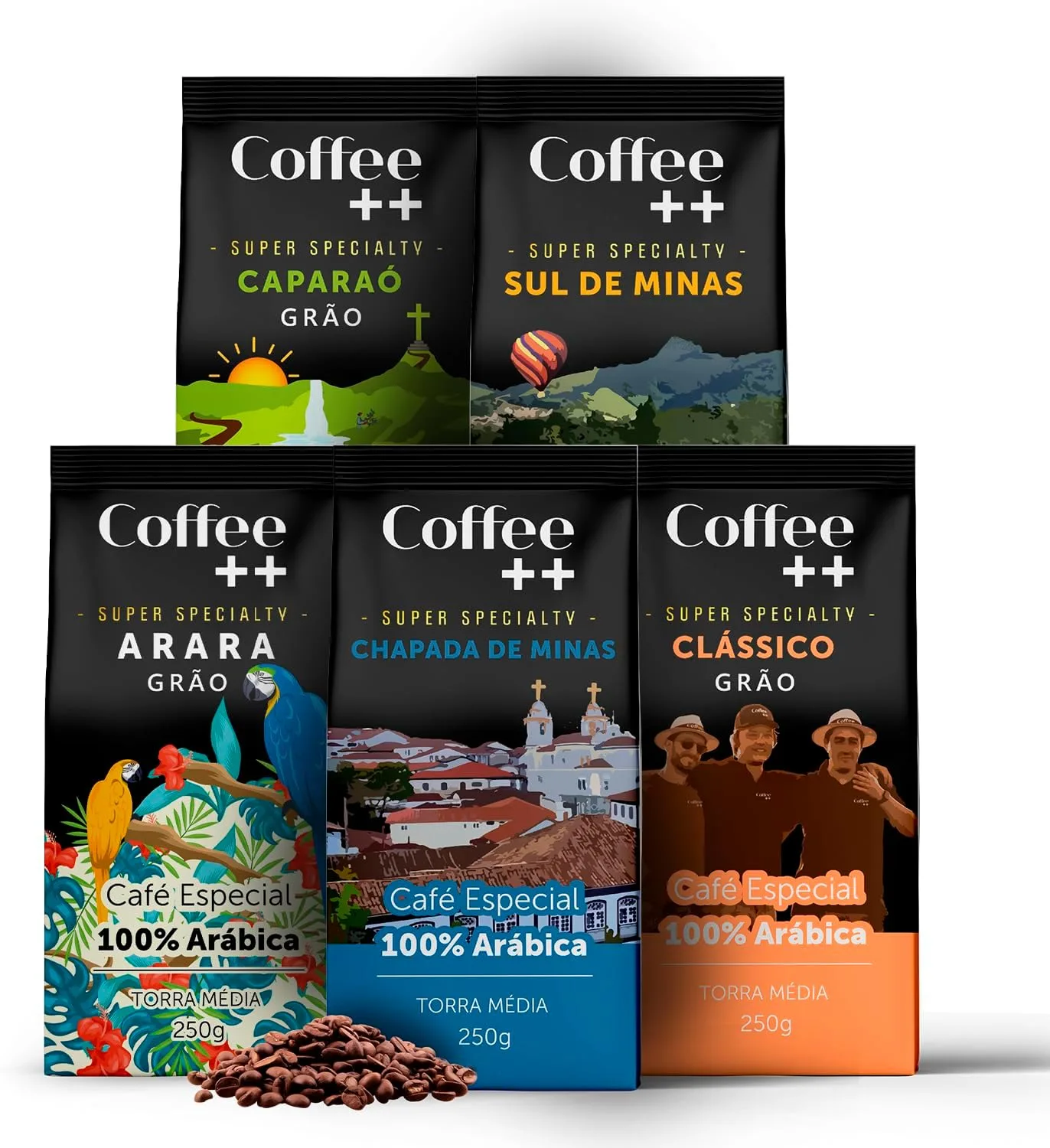 Kit com cinco cafés especiais em grãos