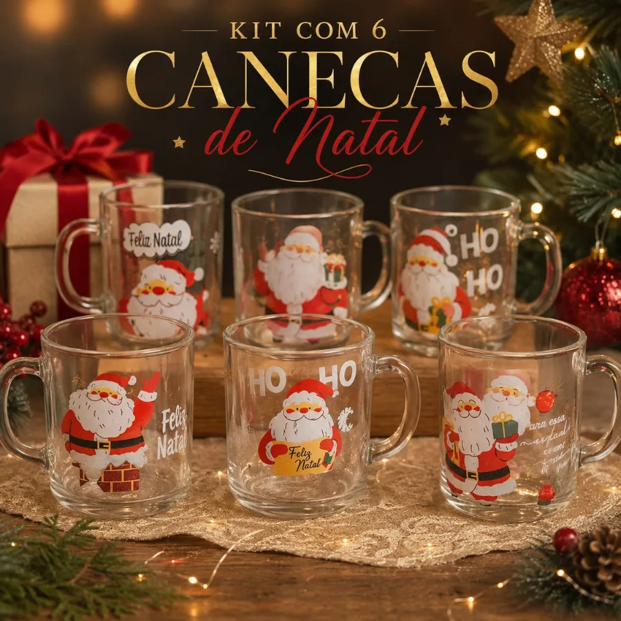 Kit com 6 canecas de vidro natalinas