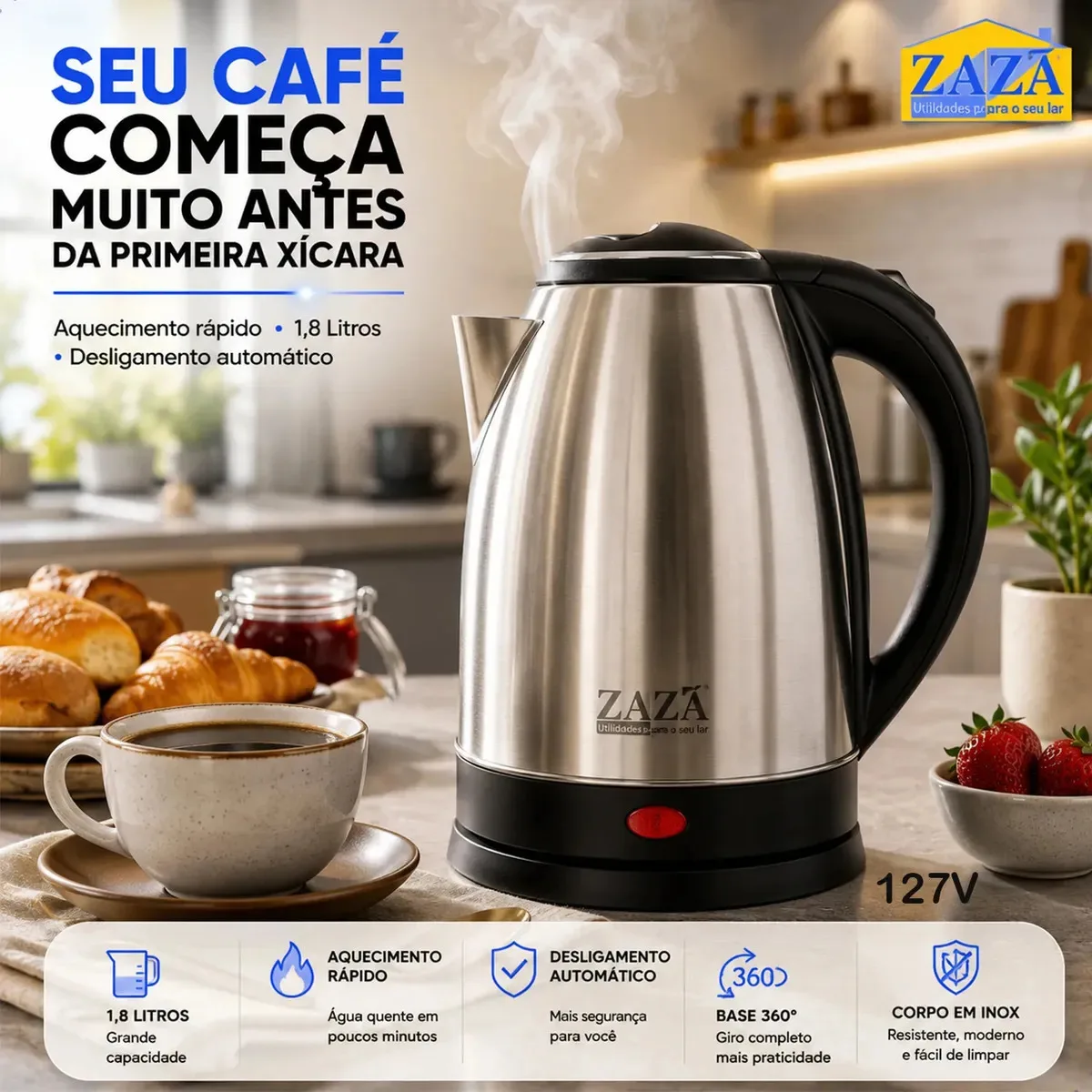 Chaleira elétrica de inox com capacidade de 1,8 litro