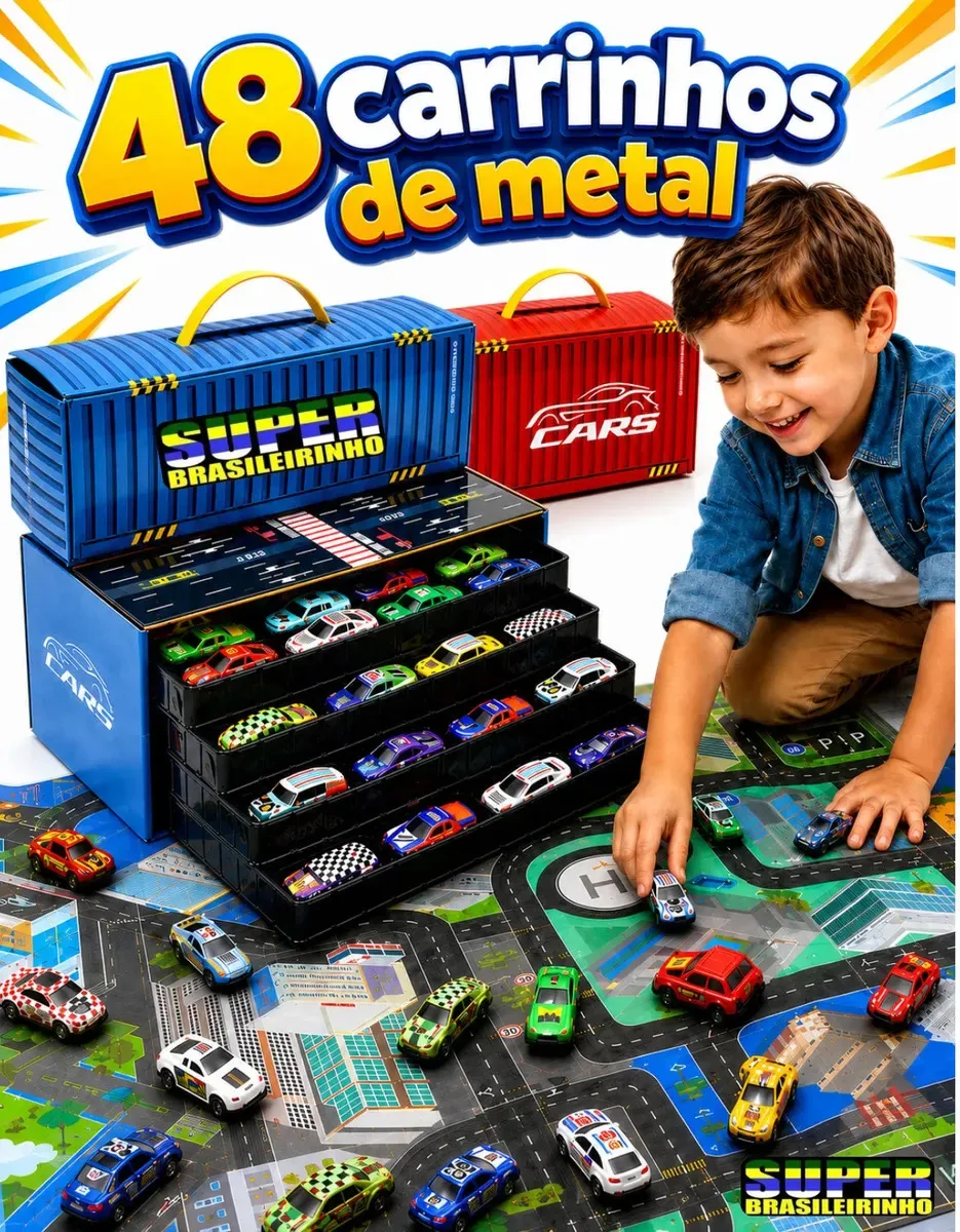 Maleta com 48 carrinhos e tapete de pista