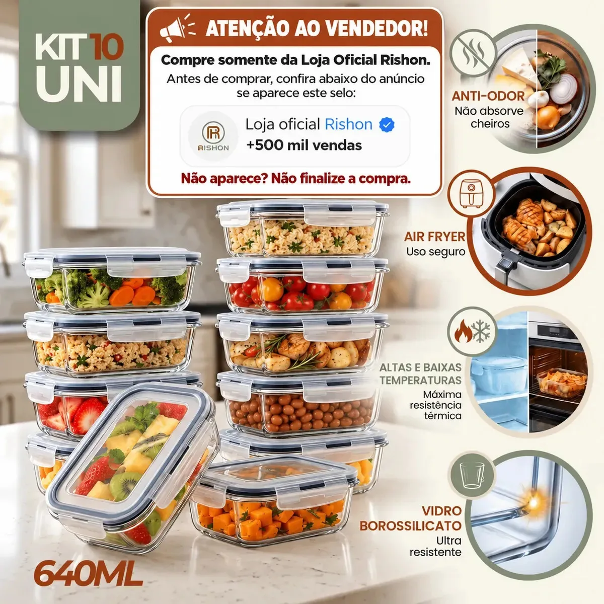 Kit Rishon com 10 potes de vidro herméticos