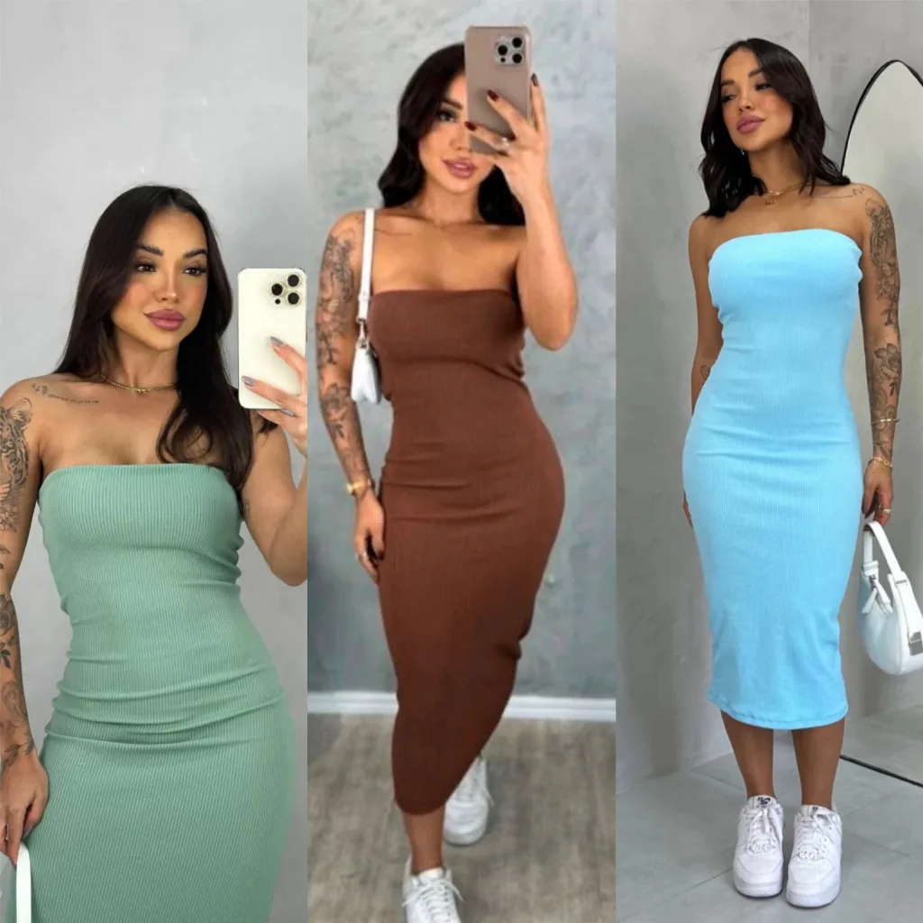 Vestido midi feminino canelado tomara que caia