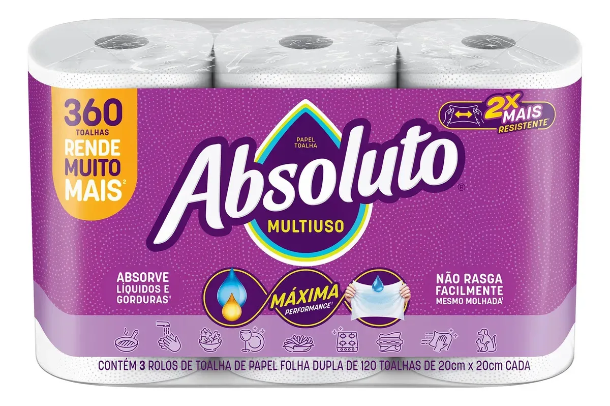 Papel toalha multiuso Absoluto com 3 unidades