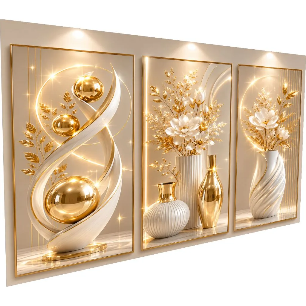 Kit De Quadros Brilhantes Vasos Elegantes Abstratos Geométricos Modernos Luxo Gold Hall (V.BRILHO)