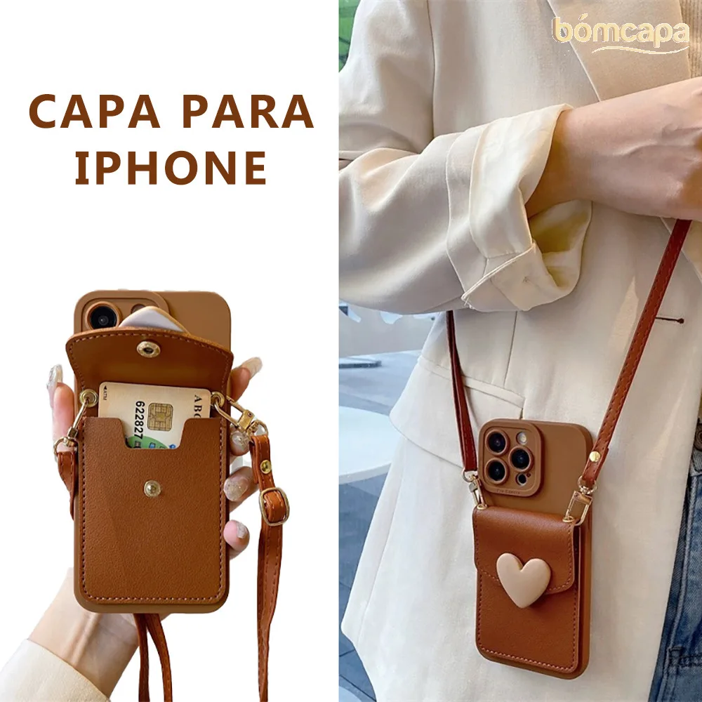 Capa para iPhone com porta-cartões e cordão