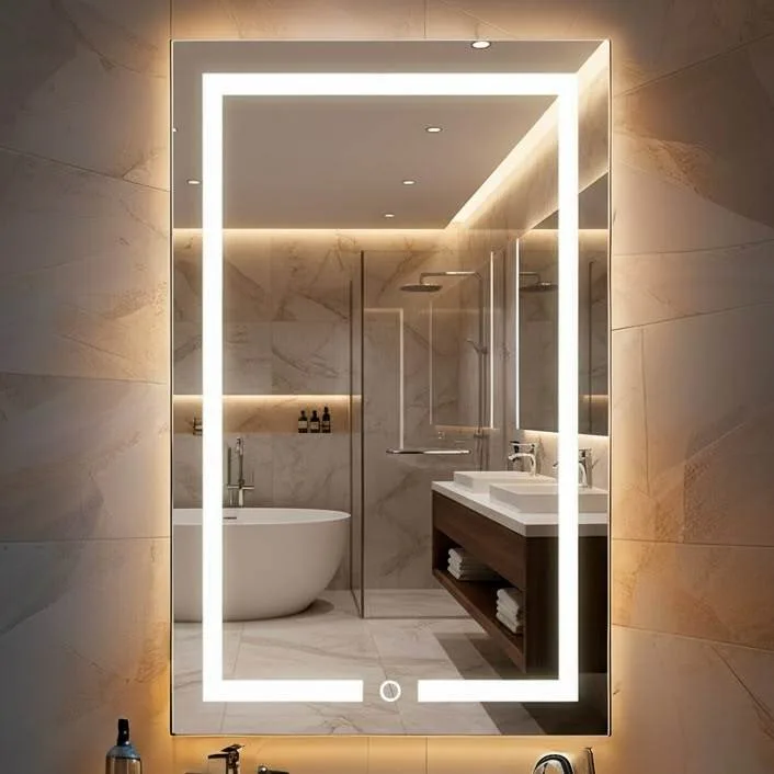 Espelho Jateado Retangular 80x50 cm com LED 3 Cores e Botão Touch para Banheiro Lavabo Penteadeira