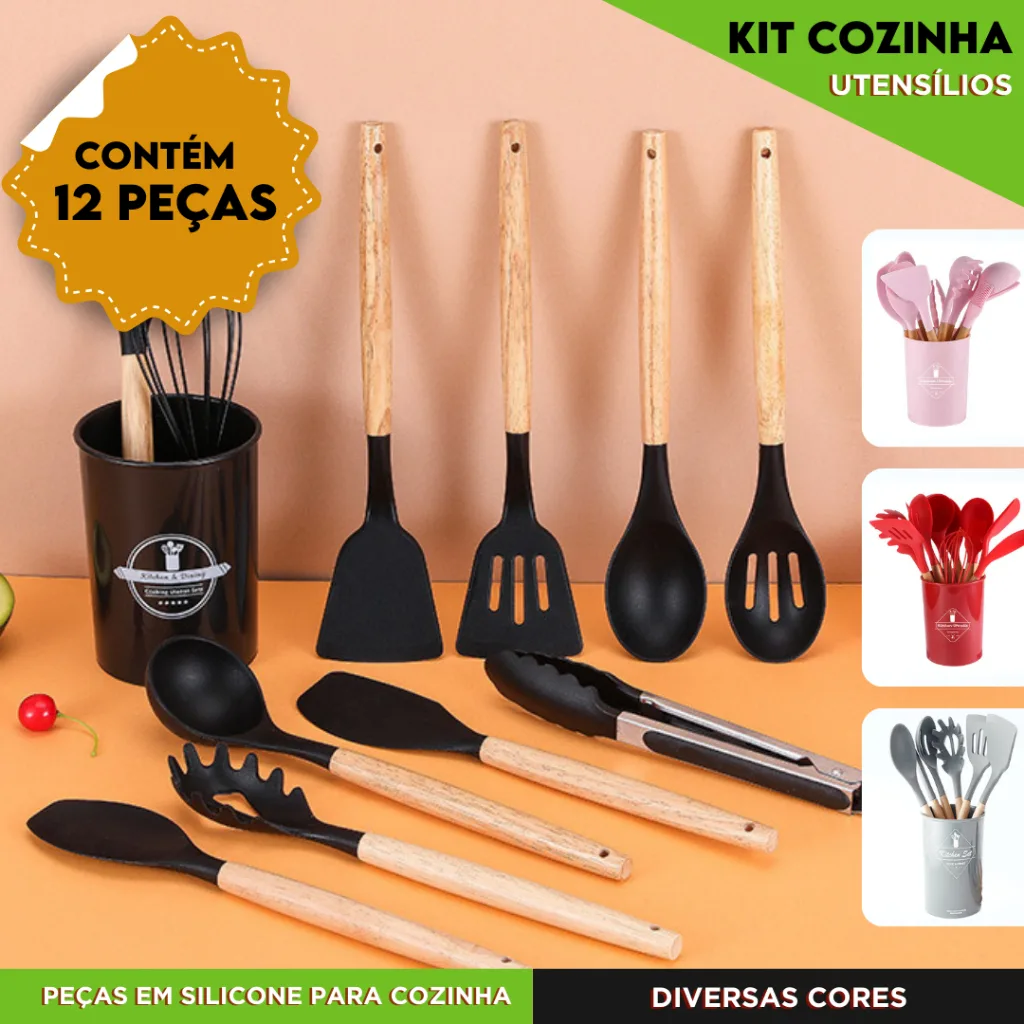Kit de utensílios de silicone com cabo de madeira