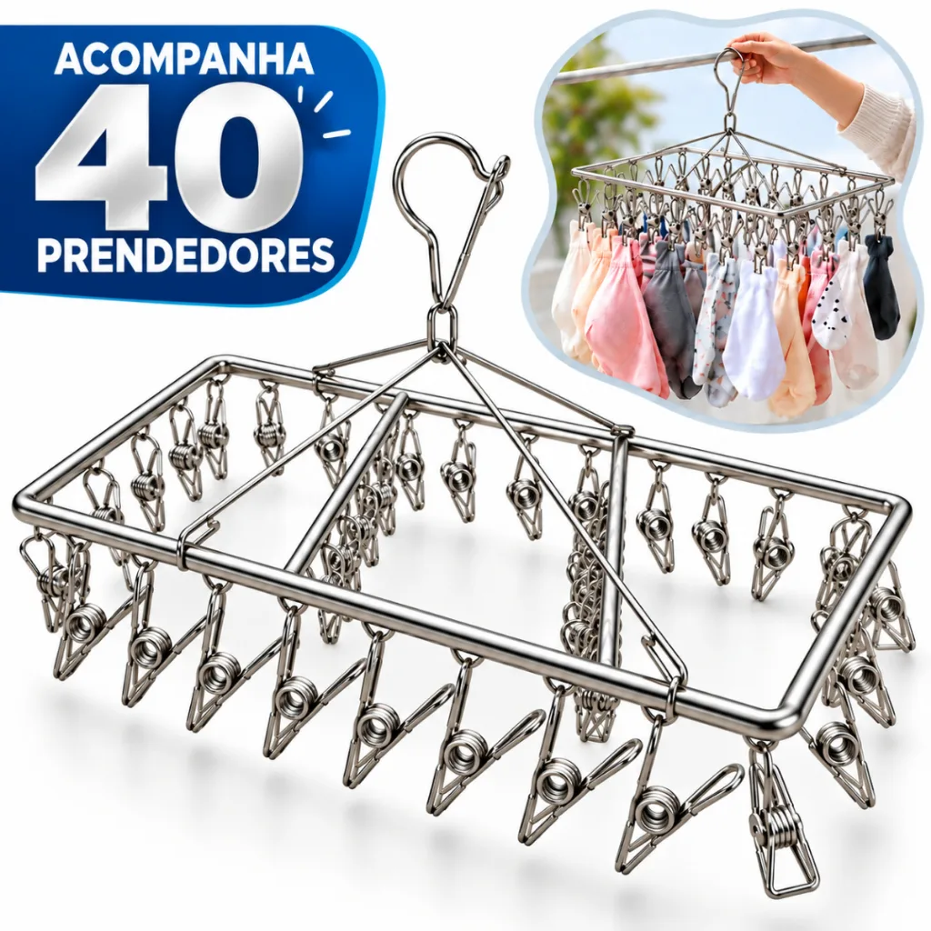 Varal com 40 prendedores de inox