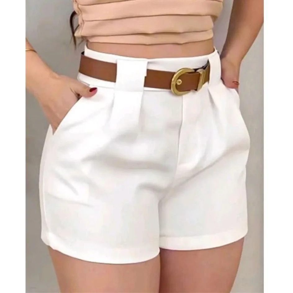 Short Feminino Social com Cinto e Bolsos Cintura Alta