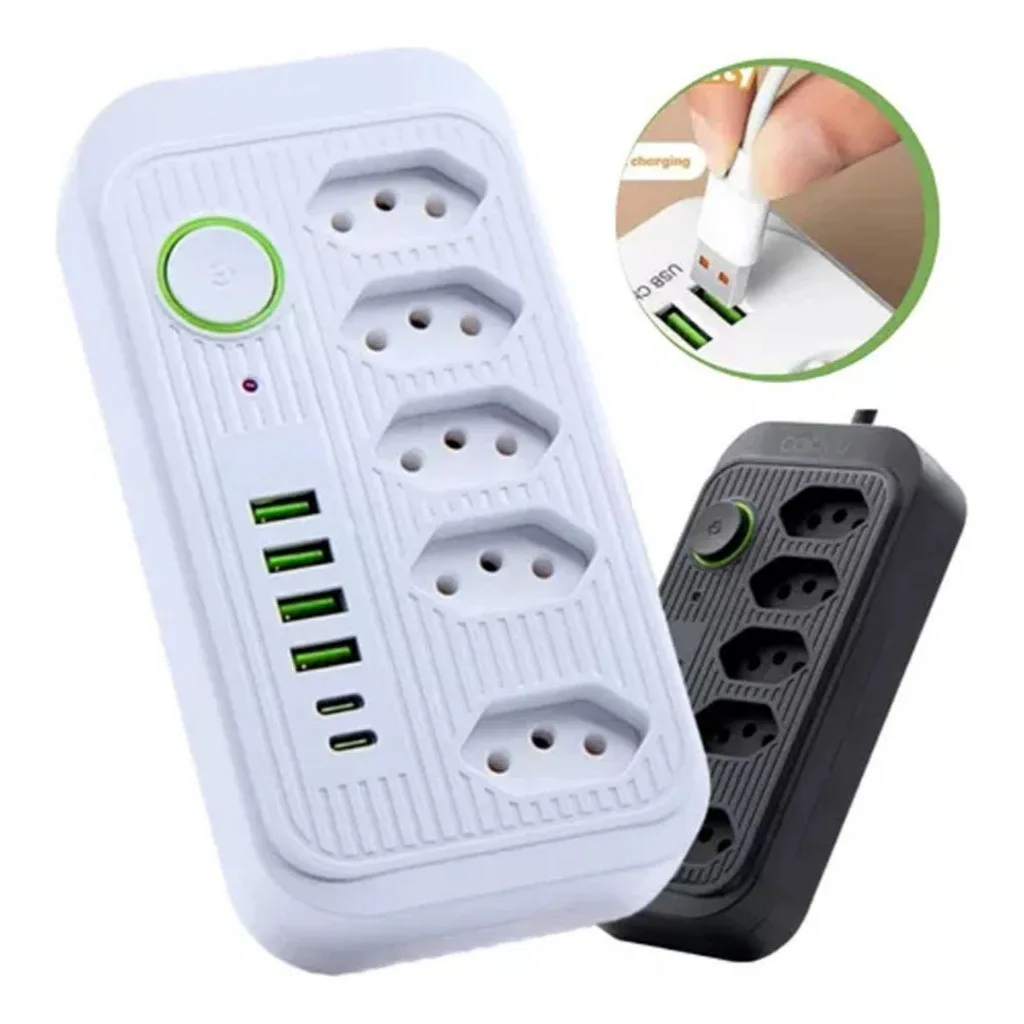 Extensão Tomadas com USB e Type-C Universal Bivolt 110V/220V 2500W Power 2m Filtro de Linha Segurança