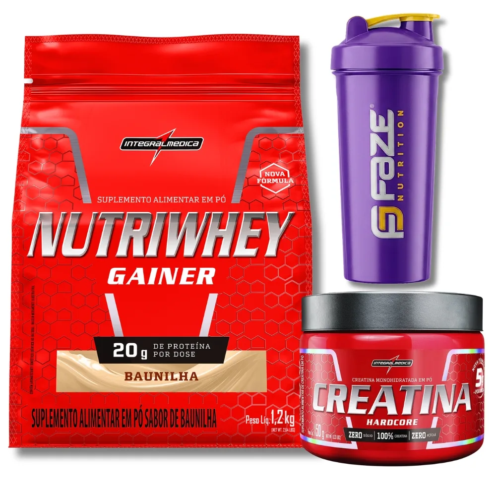 Kit de whey gainer, creatina e coqueteleira