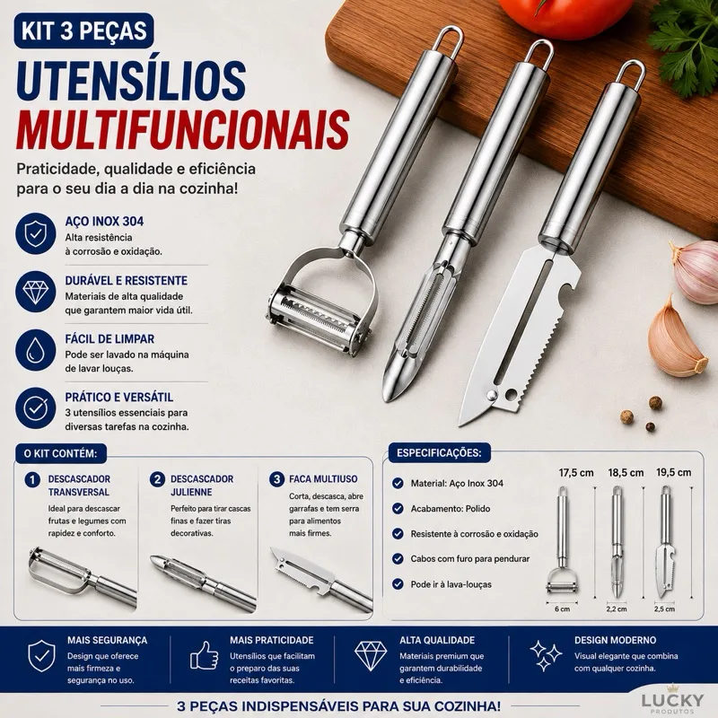 Kit com 3 descascadores de inox