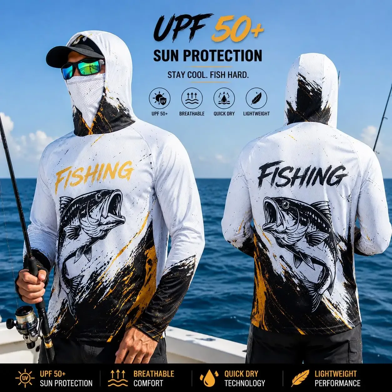 Camisa masculina de pesca com capuz e proteção solar