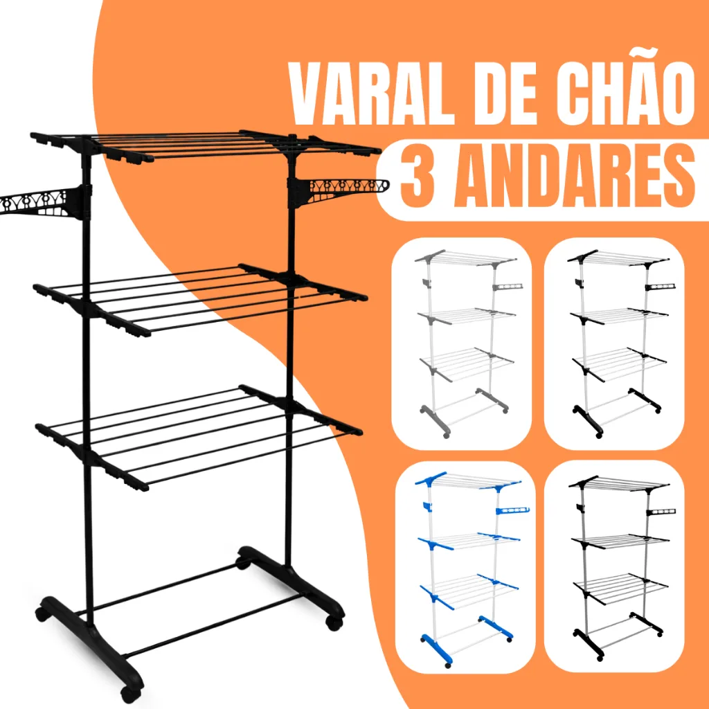 Varal De Chão De Roupas 3 Andares Dobrável Grande 4 Rodas