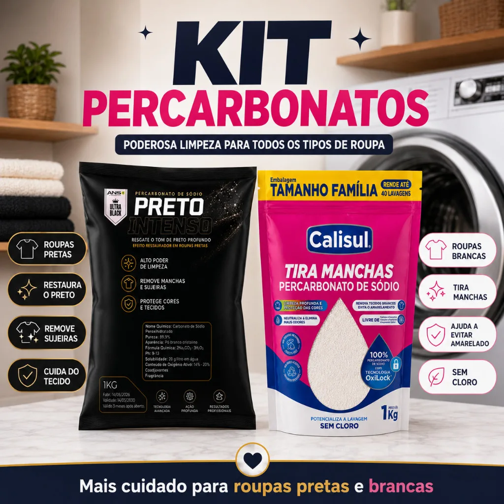 Kit Percarbonato Calisul 1kg + Preto Intenso ANS 1kg Tira Manchas Sem Cloro Roupas Brancas Pretas Coloridas
