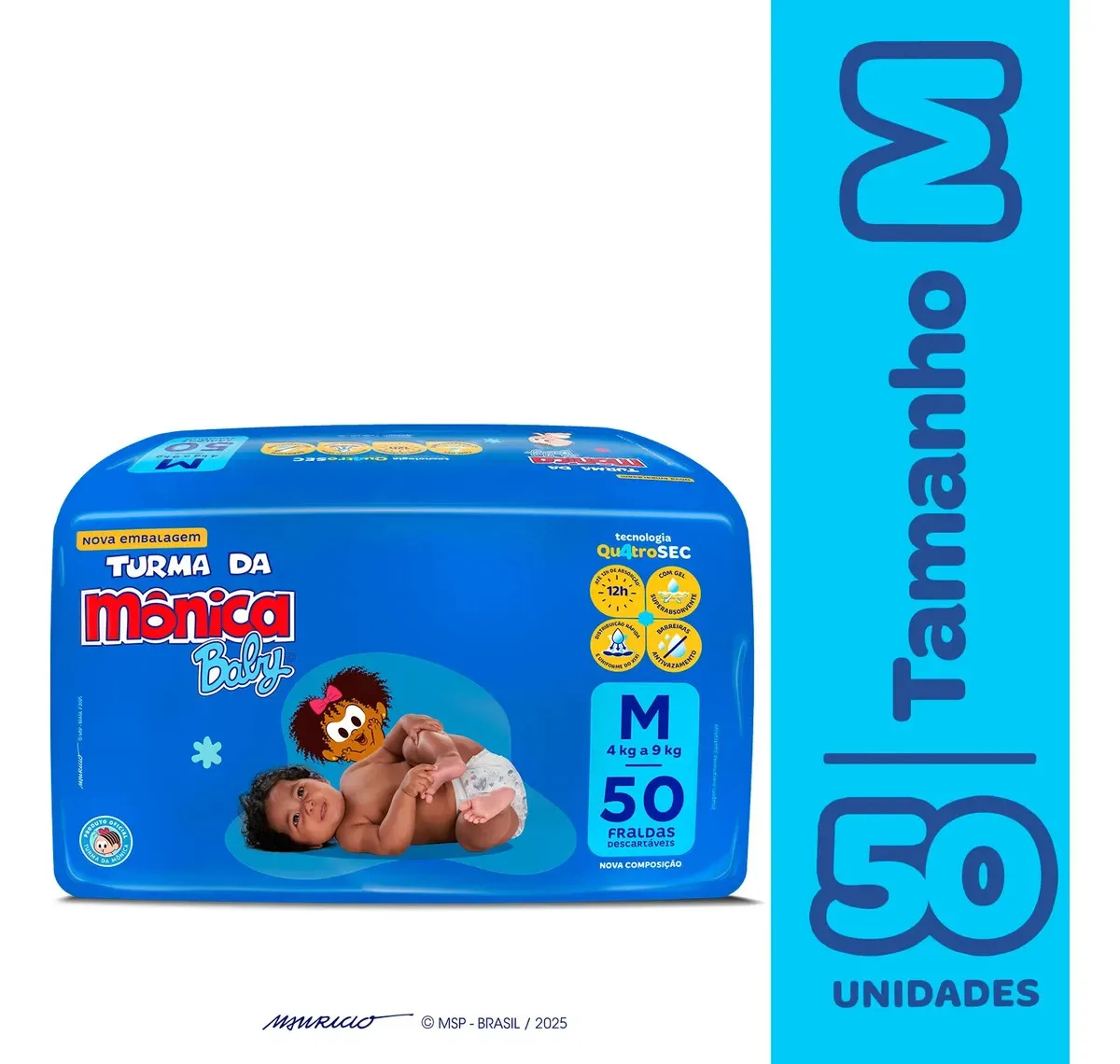 Fralda Turma da Mônica Baby tamanho M com 50 unidades