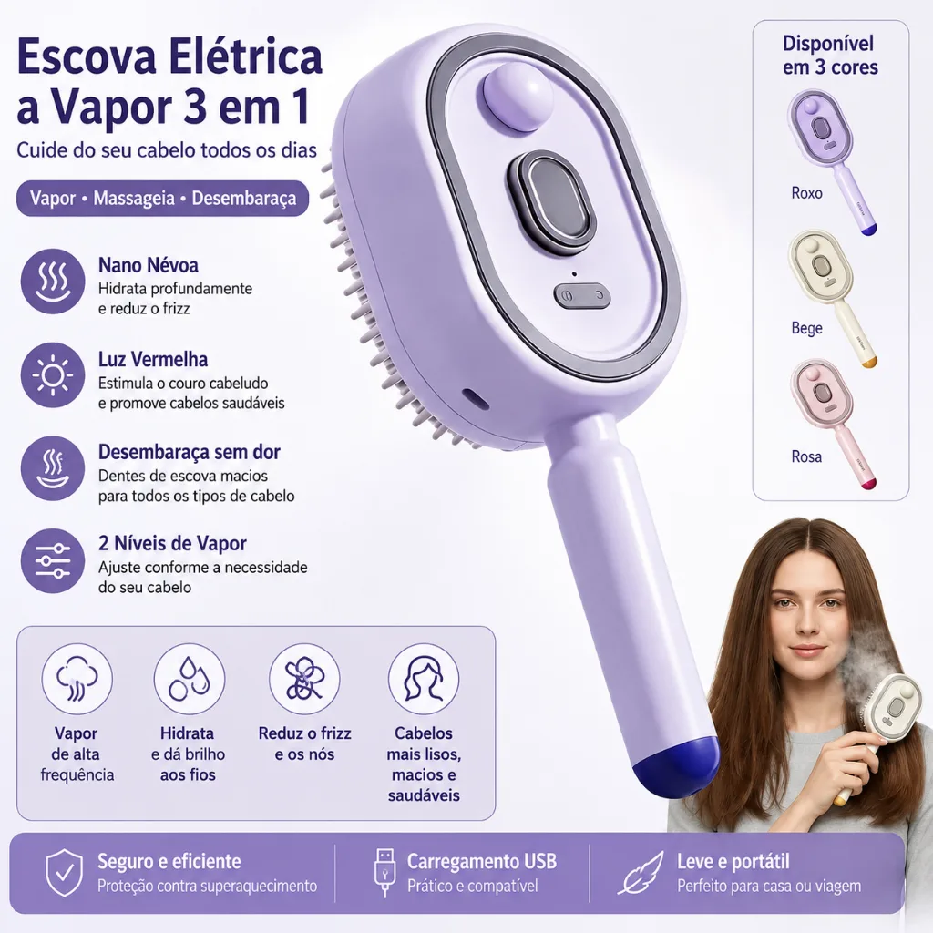 Escova elétrica a vapor para cabelos